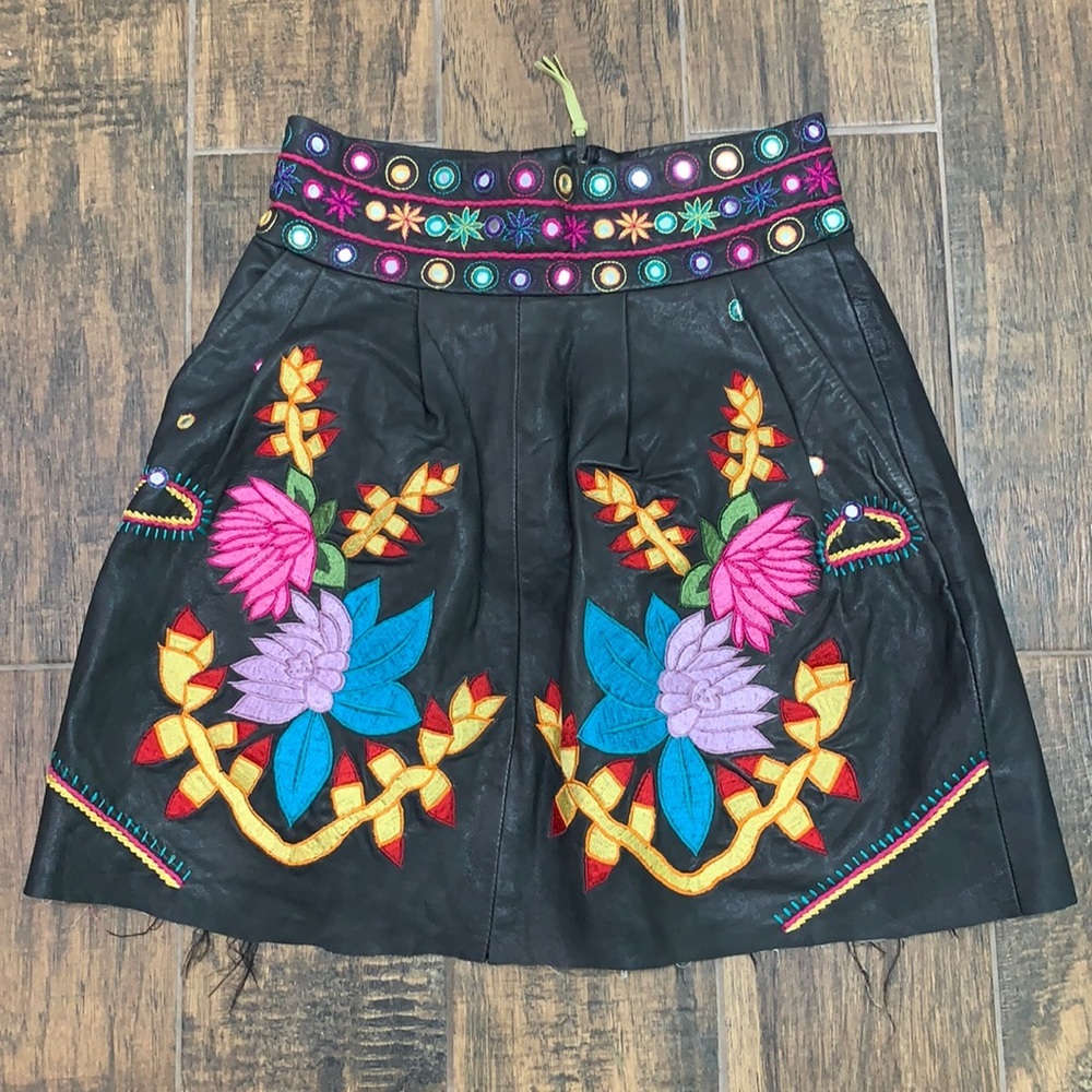 Black Embroidered Floral Leather Skirt - Vibrant Multicolor
